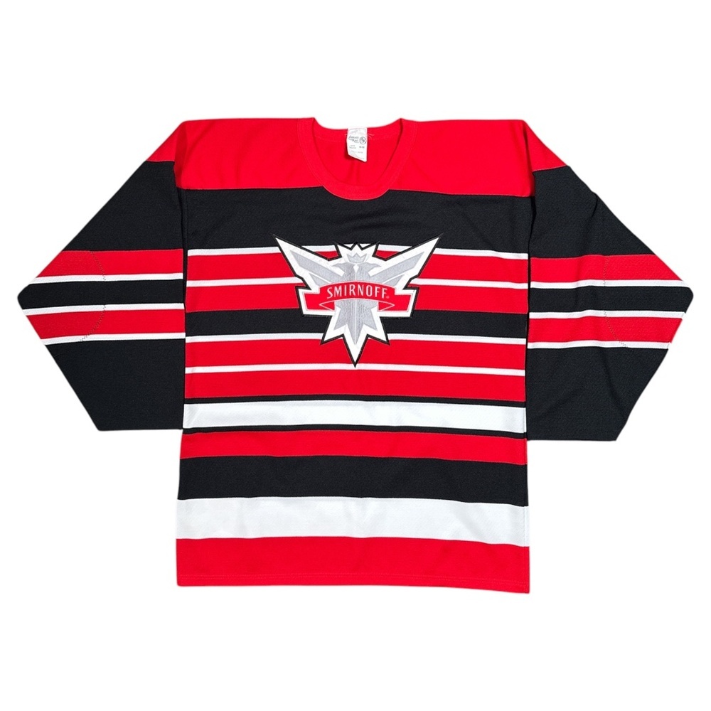 Vintage Y2K Smirnoff Vodka Striped Red Black Hockey Jersey Mens Medium